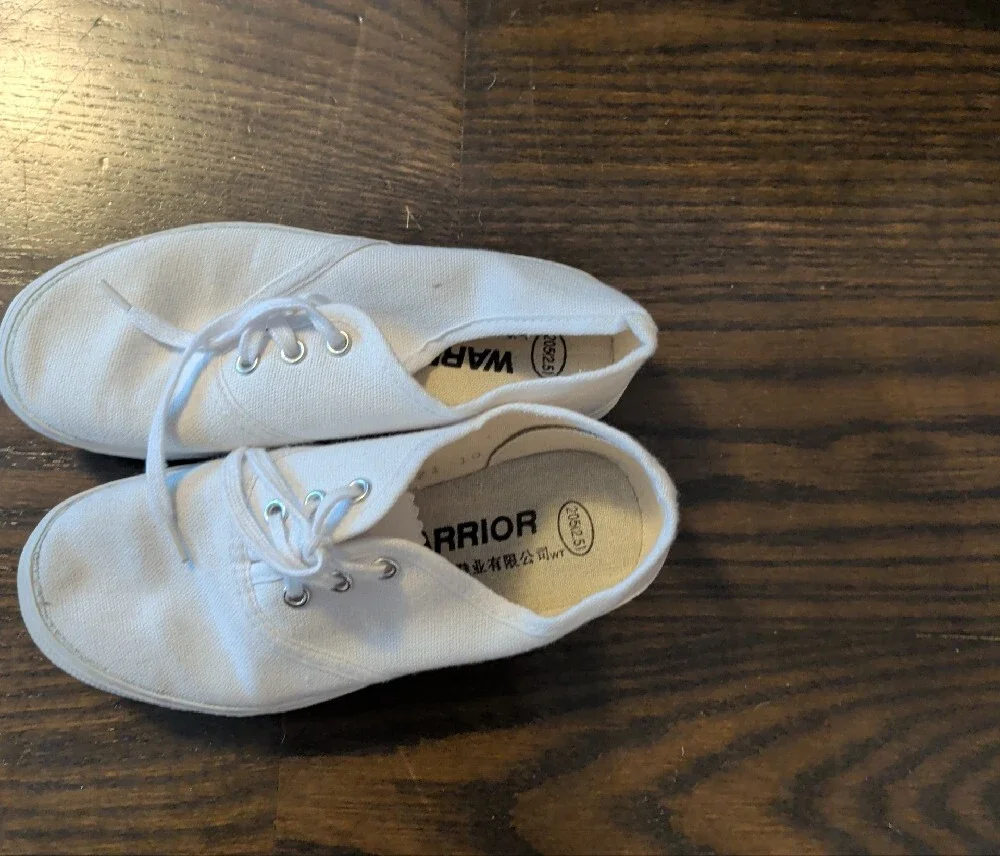 Kids White Canvas Lace-Up Sneakers and Blue Slide Sandals